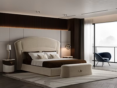 Modern Bedroom Interior With Beige Upholstered Bed Bench Bedside Lamp Blue Chair And Mountain View 3d model