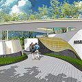 Building Exterior Wall With Wavy Yellow Design Curved Canopy Greenery Trees and Pedestrians