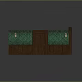 Vintage Interior Scene Featuring Green Patterned Wall Brown Wooden Door Arched Frame And Wall Sconces