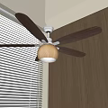 Ceiling Fan Light with Wooden Blades and Light Shade in Wooden Wall Interior with Blinds