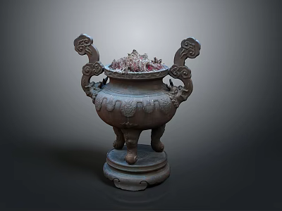 Ancient Chinese Bronze Censer With Three Legs Dragon Ears And Intricate Carvings 3d model