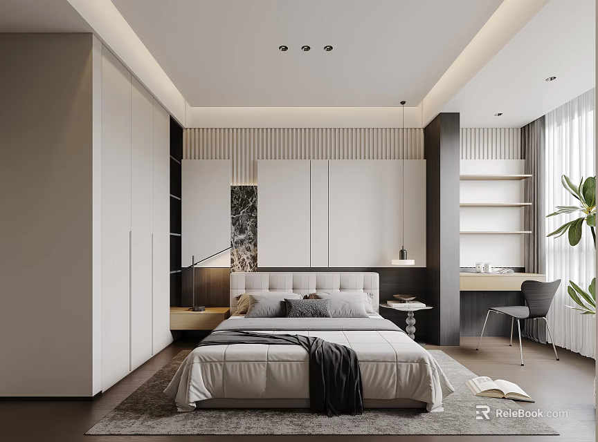 Modern Bedroom Interior With Large Bed Built in Wardrobe Desk Chair And Window Plant 3d model 