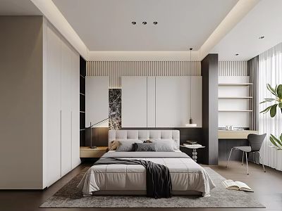 Modern Bedroom Interior With Large Bed Built in Wardrobe Desk Chair And Window Plant 3d model