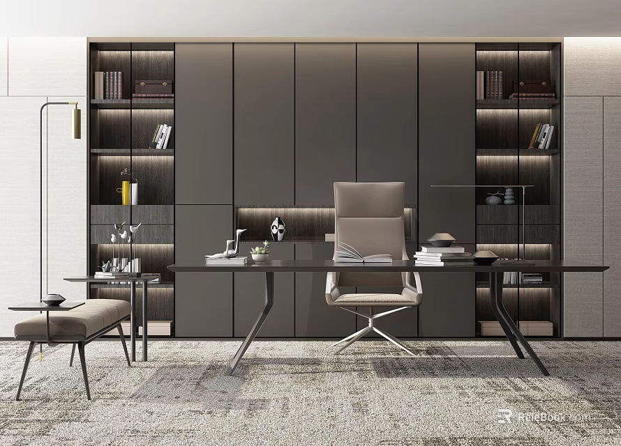 Modern Home Office Desk With Built In Bookshelves Ergonomic Chair And Table Lamp 3d model 