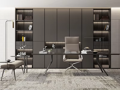 Modern Home Office Desk With Built In Bookshelves Ergonomic Chair And Table Lamp 3d model