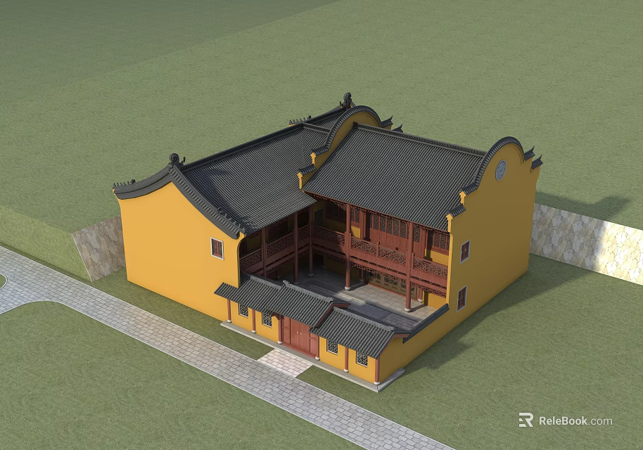 Traditional Chinese Ancient Architecture With Yellow Walls Black Curved Roof Courtyard And Stone Path 3d model 