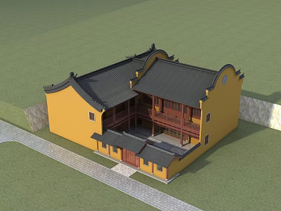 Traditional Chinese Ancient Architecture With Yellow Walls Black Curved Roof Courtyard And Stone Path 3d model