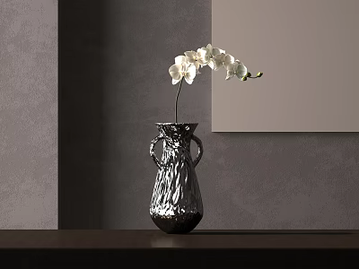 Silver Textured Vase With White Orchid Flowers On Dark Wooden Table Gray Wall Light Frame 3d model