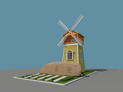 Traditional Windmill Structure Featuring Yellow Body Wooden Roof White Blades Large Stone And Lawn Base 3d model
