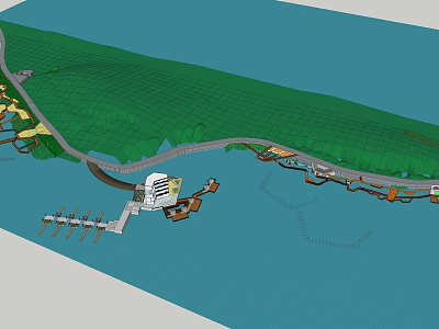 Waterfront Landscape Design With Green Lawn Curved Pathway White Dome Building And Pier 3d model