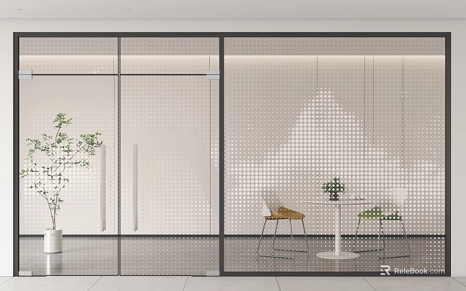 Modern Glass Partition Interior Design With Decorative Dots And Potted Plant Near Table Chairs 3d model 
