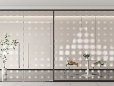 Modern Glass Partition Interior Design With Decorative Dots And Potted Plant Near Table Chairs 3d model