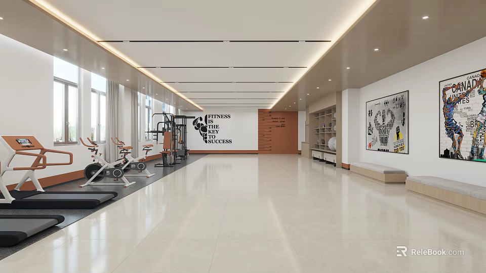 Spacious Modern Gym Interior With Fitness Equipment And Wall Art 3d model 