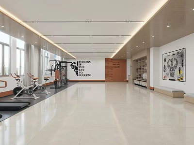 Spacious Modern Gym Interior With Fitness Equipment And Wall Art 3d model