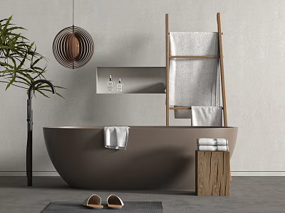 Oval Brown Bathtub Interior With Wooden Ladder Hanging Towels Green Plant Slippers and Wall Shelf 3d model