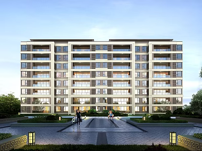 Modern Multi story Residential Building Exterior With Glass Facade And Landscaped Courtyard 3d model