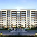 Modern Multi story Residential Building Exterior With Glass Facade And Landscaped Courtyard