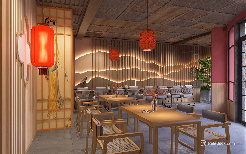 Traditional Chinese Restaurant Interior With Red Lanterns Wavy Wall Wooden Tables And Wicker Chairs 3d model 