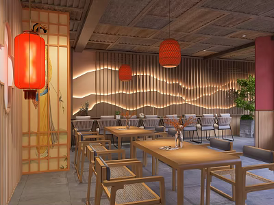 Traditional Chinese Restaurant Interior With Red Lanterns Wavy Wall Wooden Tables And Wicker Chairs 3d model