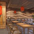 Traditional Chinese Restaurant Interior With Red Lanterns Wavy Wall Wooden Tables And Wicker Chairs