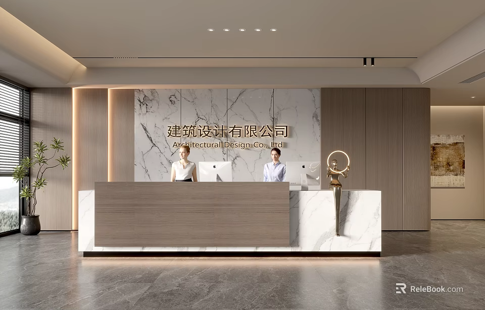 Front Desk Reception at Architectural Design Company with Modern Marble Wooden Counter and Professional Staff 3d model 