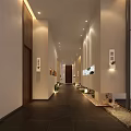 Modern Elevator Hallway With Decorative Paintings Green Plants And Dark Tiled Floor