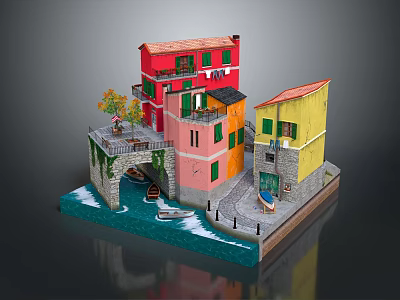 Vibrant Colored Buildings with Small Bridge Water and Boat in Miniature Model 3d model