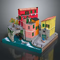 Vibrant Colored Buildings with Small Bridge Water and Boat in Miniature Model