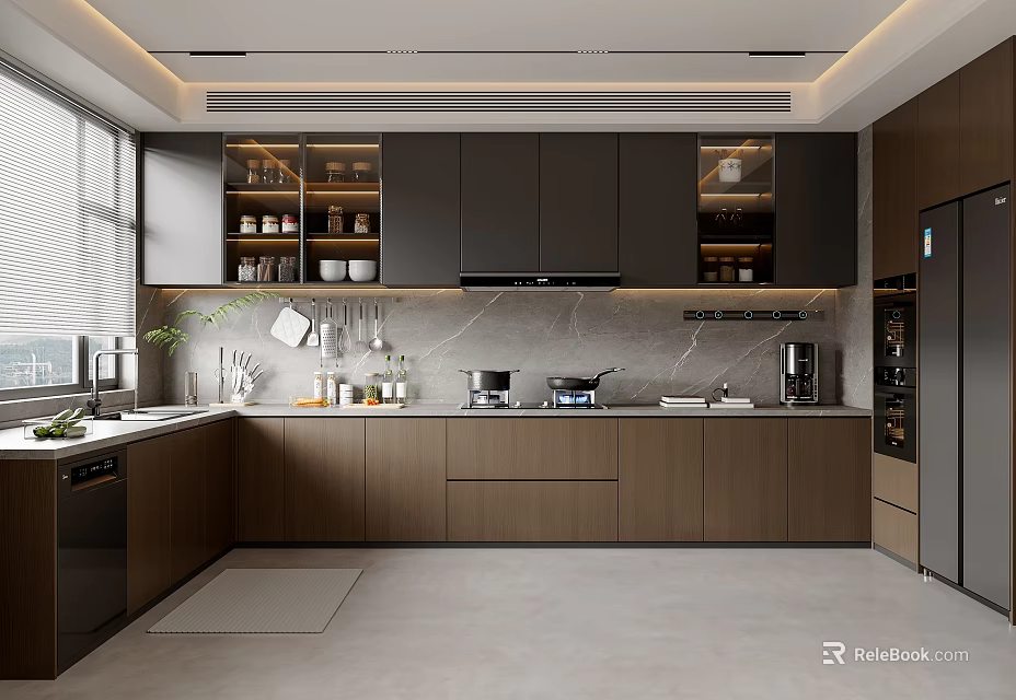 Modern Kitchen Interior Design With Dark Cabinets Marble Countertop Storage Shelves And Appliances 3d model 