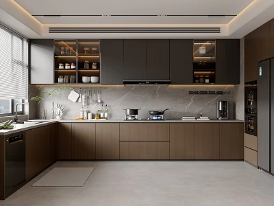 Modern Kitchen Interior Design With Dark Cabinets Marble Countertop Storage Shelves And Appliances 3d model