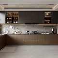 Modern Kitchen Interior Design With Dark Cabinets Marble Countertop Storage Shelves And Appliances