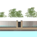 Modern Garden Wall Design With White Railings Black Pillars Green Trees And Water Reflection