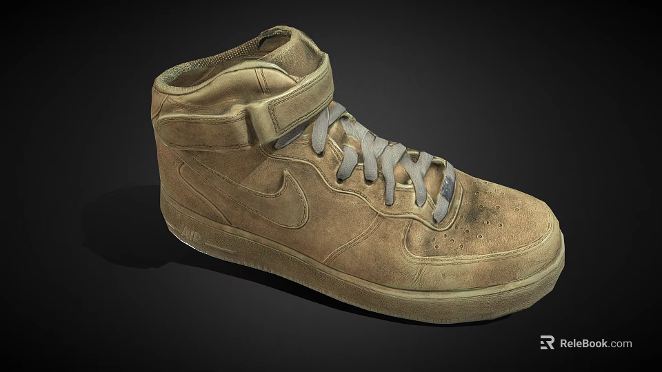 Worn Look Beige High Top Sneakers With Gray Laces And Nike Logo 3d model 