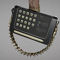 Stylish Black Handbag With Gold Accents Spiked Chain And Digital Watch