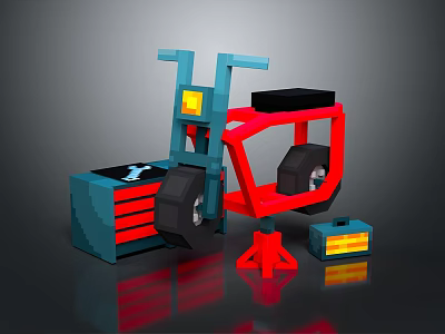 Cartoon Style 3D Model Blue And Red Bicycle With Toolbox And Stand 3d model