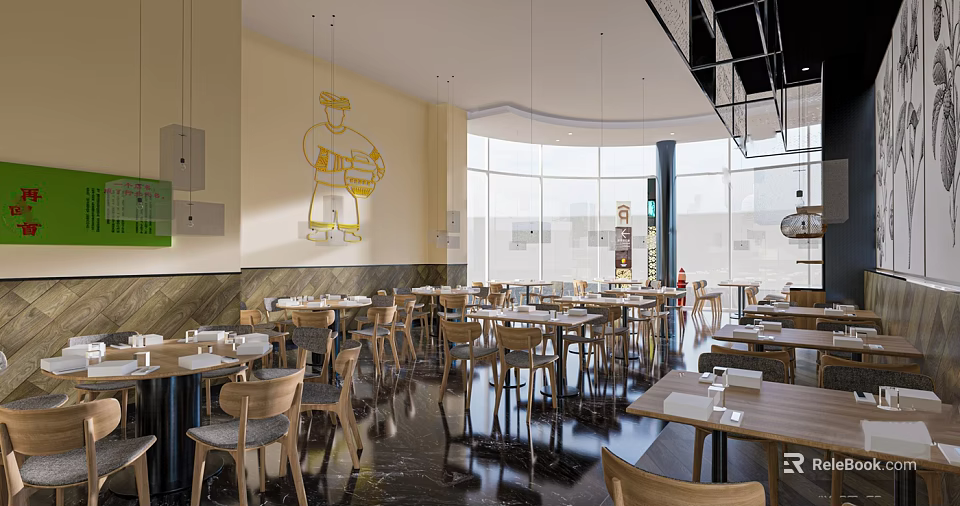 Modern Restaurant Interior With Wooden Dining Tables Chairs Pendant Lights And Large Windows 3d model 
