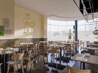 Modern Restaurant Interior With Wooden Dining Tables Chairs Pendant Lights And Large Windows 3d model
