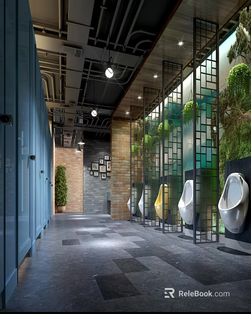 Modern Public Restroom With Green Plant Decorations Brick Walls Blue Partition Doors And Geometric Screens 3d model 