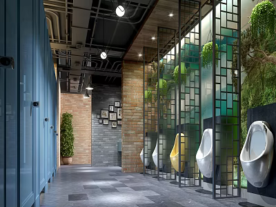 Modern Public Restroom With Green Plant Decorations Brick Walls Blue Partition Doors And Geometric Screens 3d model