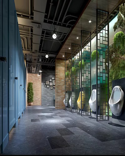 Modern Public Restroom With Green Plant Decorations Brick Walls Blue Partition Doors And Geometric Screens 3d model