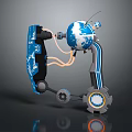Modern Blue Robot Featuring Globe Design Mechanical Gears And Orange Cables 3d model