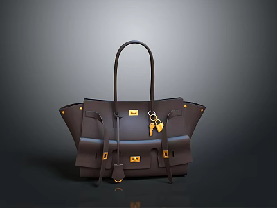 Stylish Black Leather Handbag With Golden Hardware And Keychain Accessory 3d model