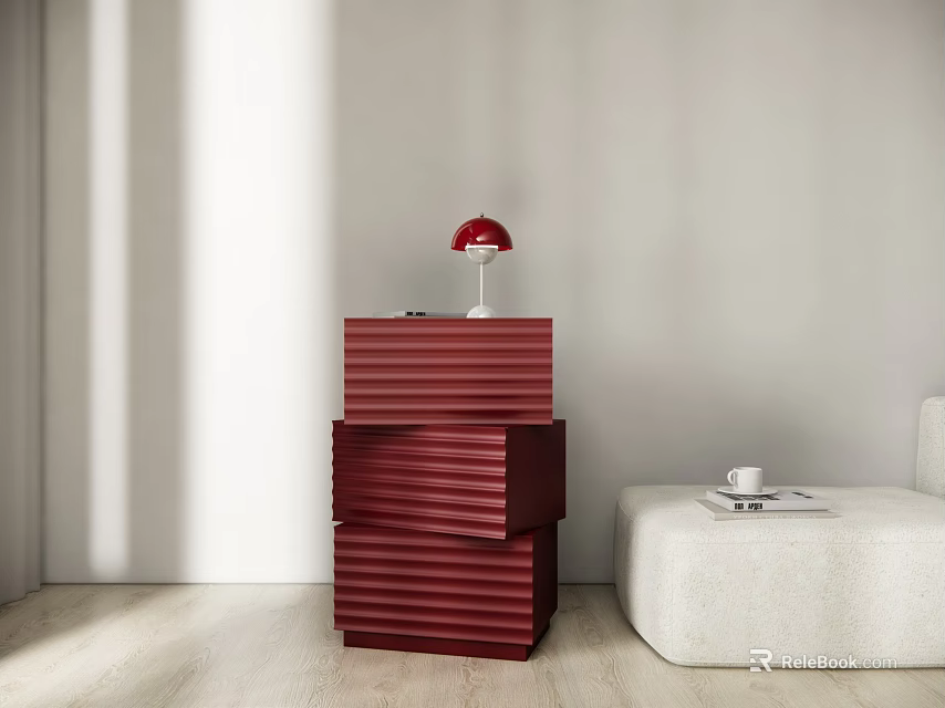 Red Vertical Stripe Modern Entryway Side Cabinet With Table Lamp And Sofa 3d model