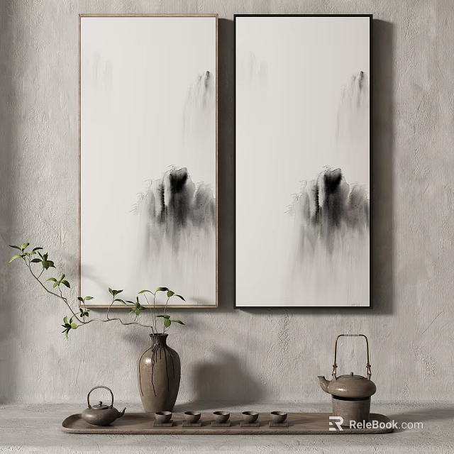 Two Black White Ink Paintings Hanging On Wall With Vase And Teapot Decor 3d model 