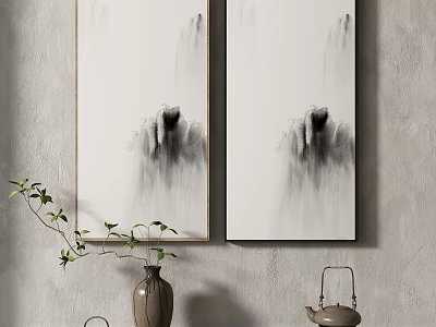 Two Black White Ink Paintings Hanging On Wall With Vase And Teapot Decor 3d model