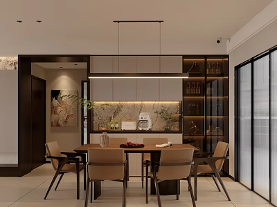 Modern Dining Living Room Interior Design With Dining Table Chairs Pendant Lighting And Cabinets 3d model