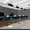 Modern Service Hall Interior With Service Counter Computers And Stools 3d model