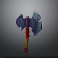 Fantasy Axe Weapon with Blue Blades Red Handle and Wooden Shaft