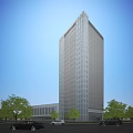 Modern High Rise Office Building Featuring Glass Curtain Wall Surrounded by Trees Under Blue Sky