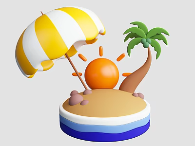 Beach Scene With Yellow White Striped Umbrella Sun Palm Tree Sand And Water 3d model